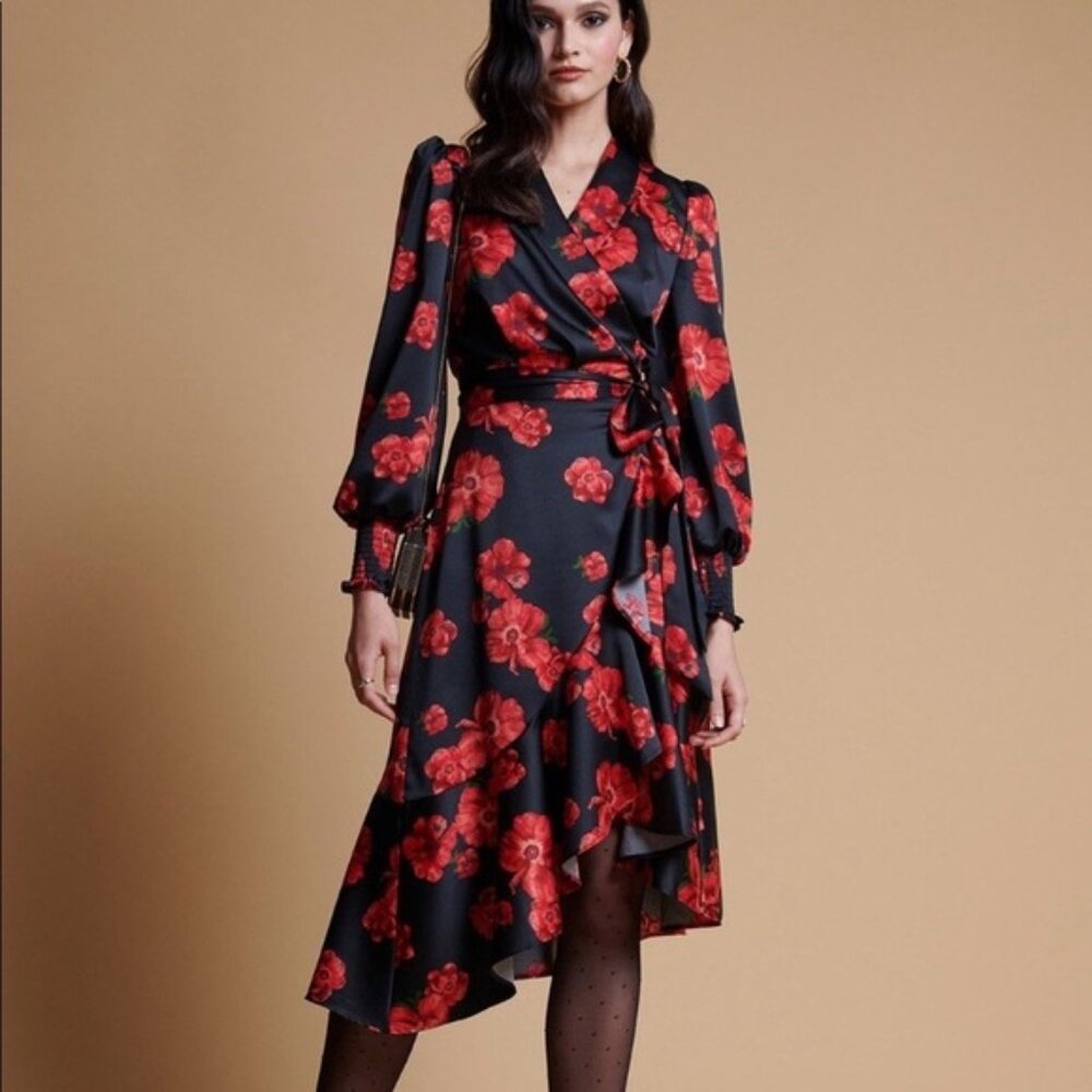 Rachel Parcell Wrap Satin Ted Poppy Print Asymmetrical Dress Size Large